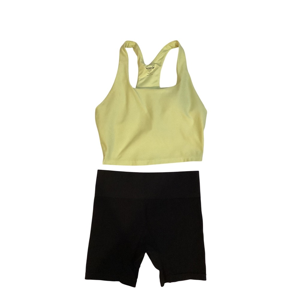 Old Navy Active Lime Green Sports Bra & Wild Fable Black Biker Shorts Set XS S